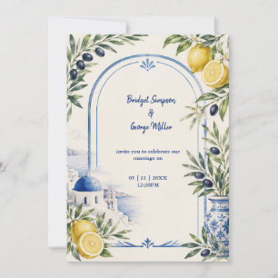 Convites Casamento em aquarela com azulejo azul costeiro de