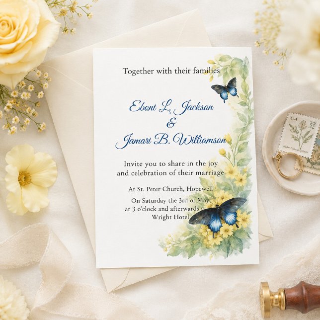 Convites Casamento em Aquarela com Borboletas & Flores Dour (Criador carregado)