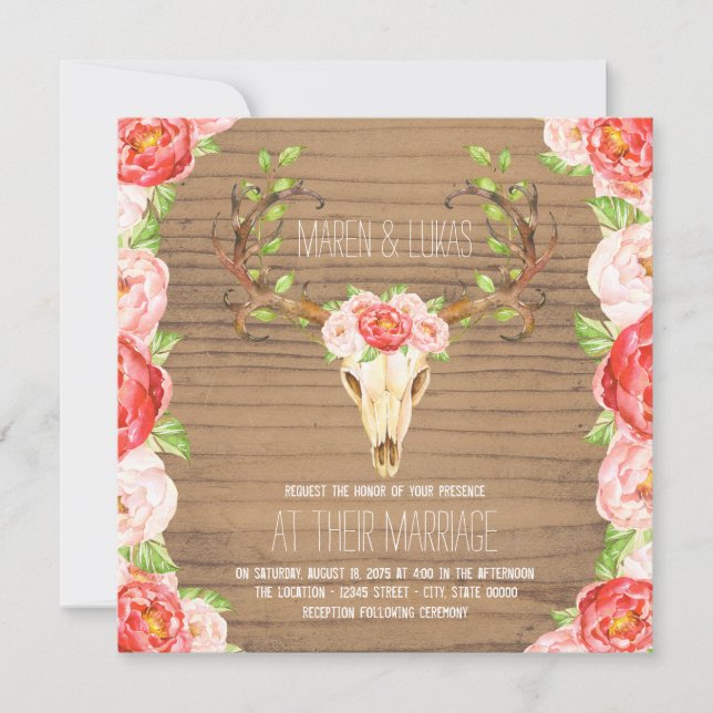 Convites Casamento em Aquarela com Chifre de Veado em Madei (Frente)