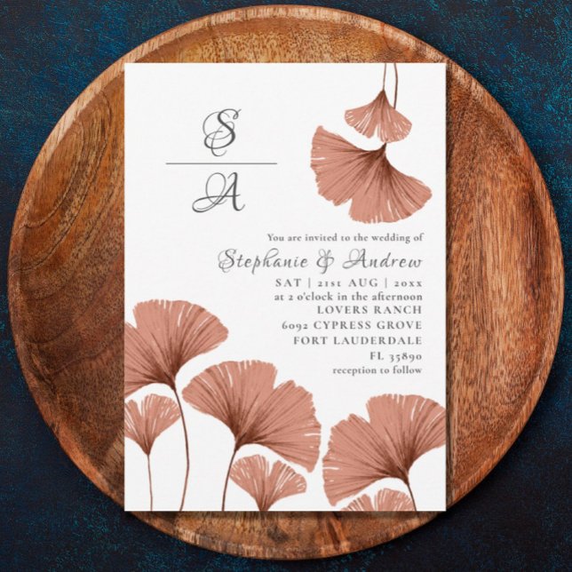 Convites Casamento em Aquarela com Ginkgo Terracota Rústico (Criador carregado)