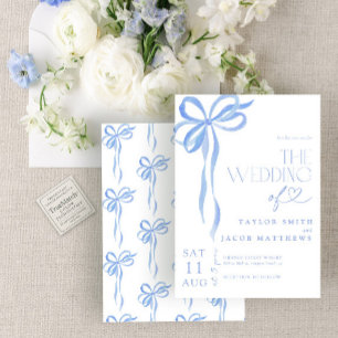 Convites Casamento em Aquarela com Laço Azul Caprichoso Mod