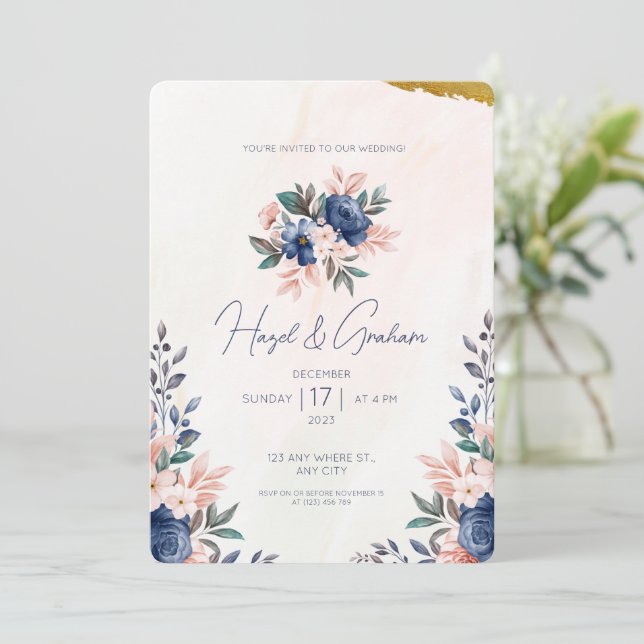 Convites Casamento em Aquarela com Moldura Floral Simples A (Em pé/Frente)