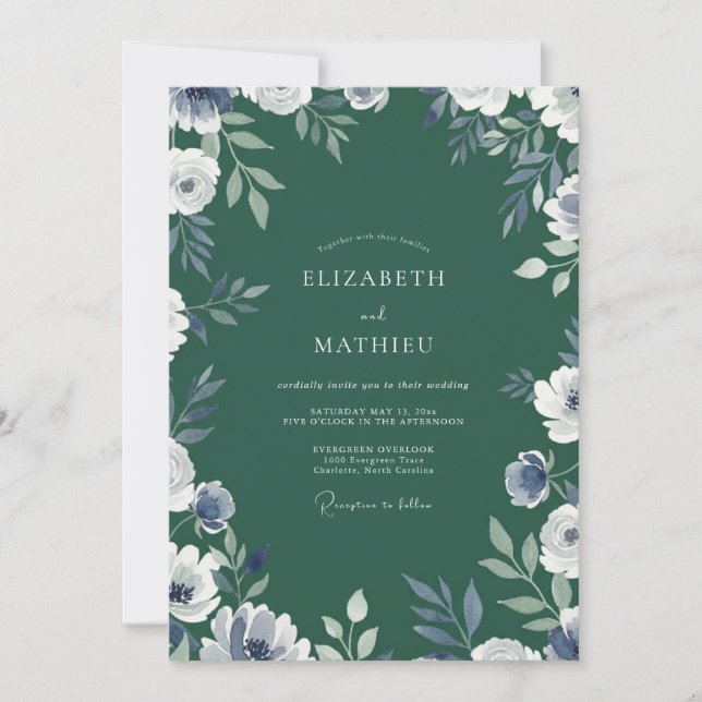 Convites Casamento em Aquarela com Periwinkle Esmeralda Ele (Frente)