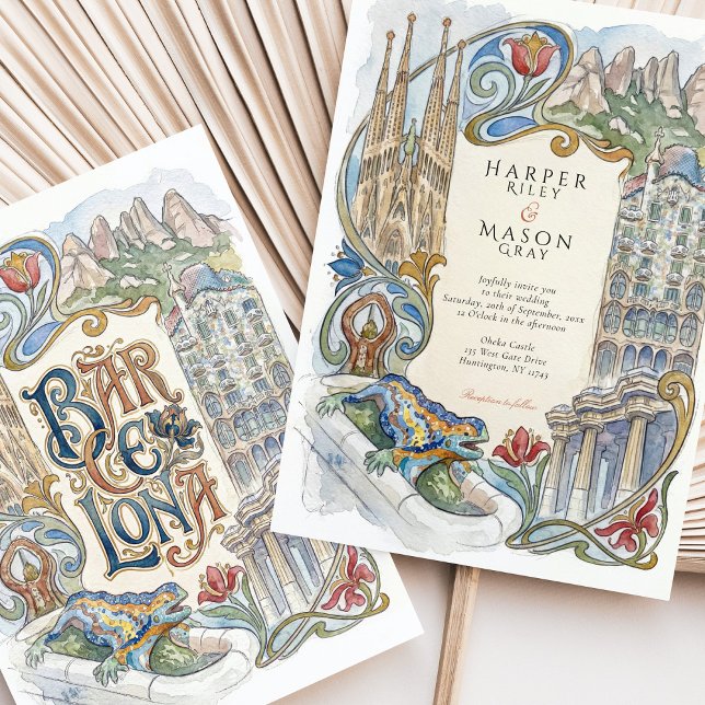 Convites Casamento em Aquarela de Barcelona com Pontos Turí (Criador carregado)