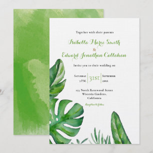 Convites Casamento em Aquarela de Folhas Verdes Tropicais d