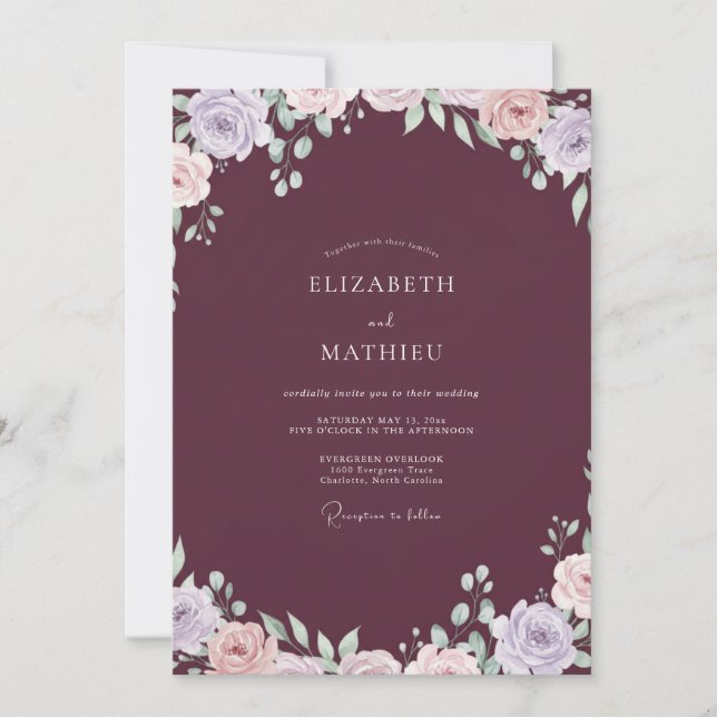 Convites Casamento em Aquarela de Lilás Ameixa (Frente)