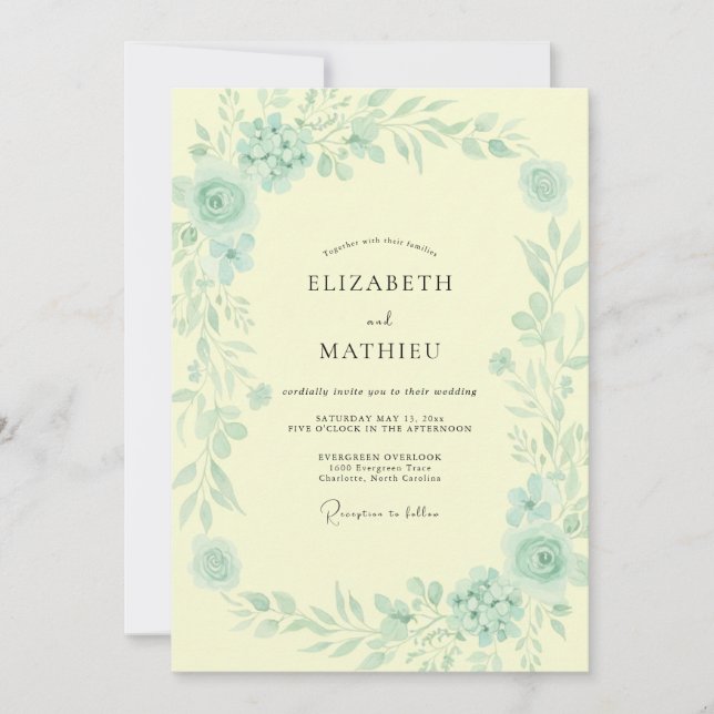 Convites Casamento em Aquarela de Menta e Manteiga (Frente)