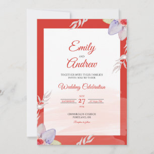 Convites Casamento em Aquarela Floral Elegante Folha Borda