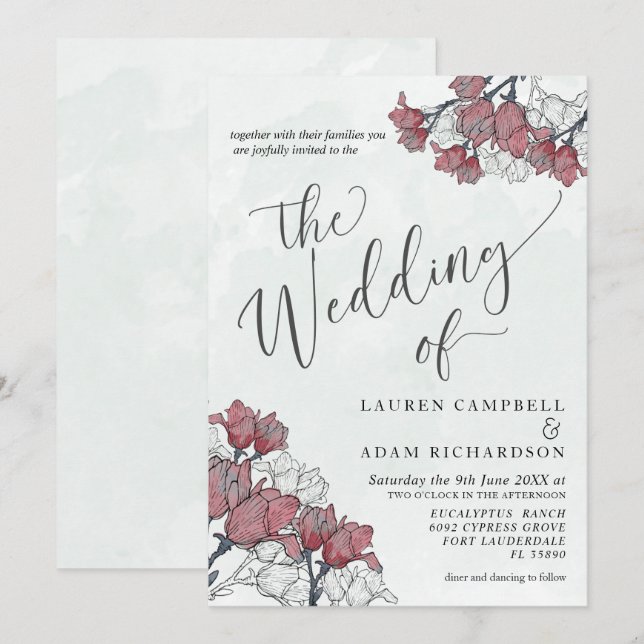 Convites Casamento em Aquarela Floral Rústica Rosa e Verde  (Frente/Verso)