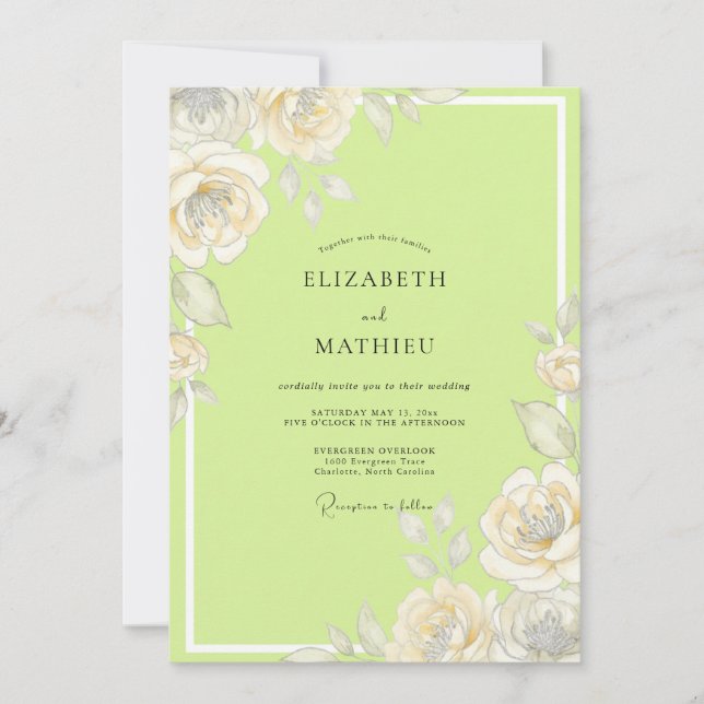 Convites Casamento em Aquarela Rosa Chartreuse (Frente)