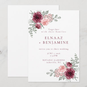 Convites Casamento em Aquarela Rosa e Burgundy Elegante