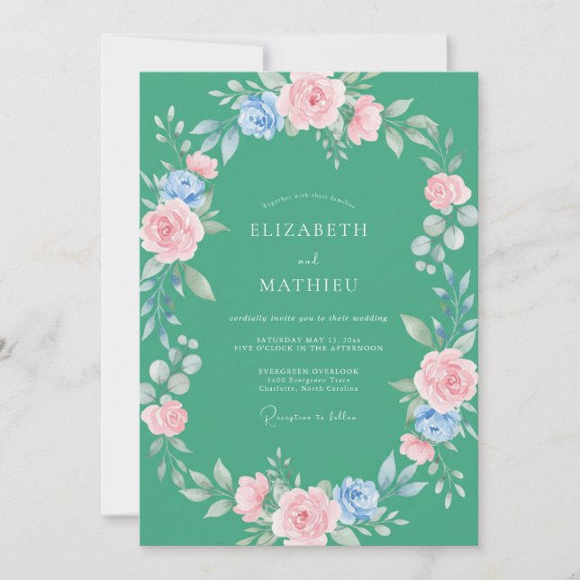 Convites Casamento em Aquarela Rosa Pétala Espuma do Mar (Frente)