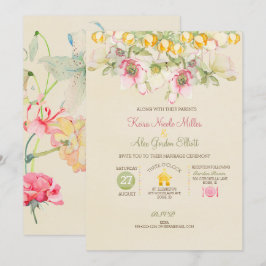 Convites Casamento em Aquarela Tudo em Um Rosa Verde Amarel