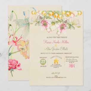 Convites Casamento em Aquarela Tudo em Um Rosa Verde Amarel