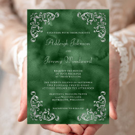 Convites Casamento em Aquarela Verde Esmeralda Prata Vintag