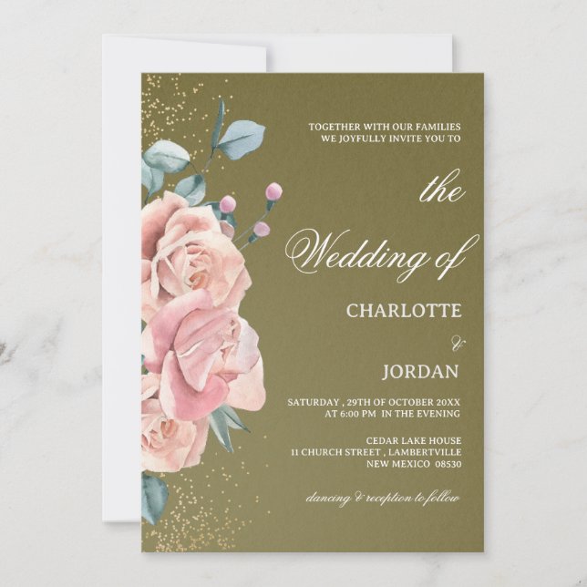 Convites Casamento em Aquarela Verde Oliva e Rosa Bege (Frente)