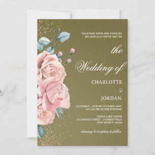 Convites Casamento em Aquarela Verde Oliva e Rosa Bege