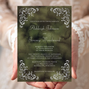 Convites Casamento em Aquarela Verde Oliva Prata Vintage