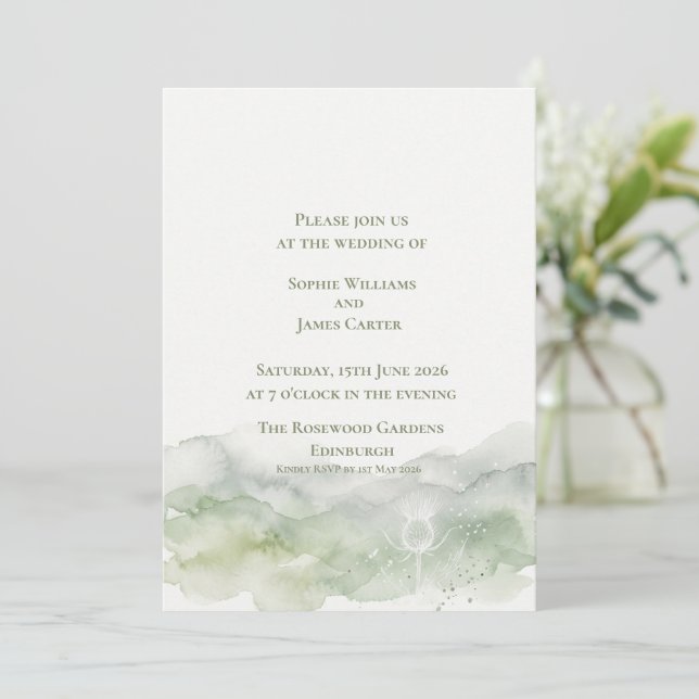 Convites Casamento em Aquarela Verde Sage com Cardo Escocês (Em pé/Frente)