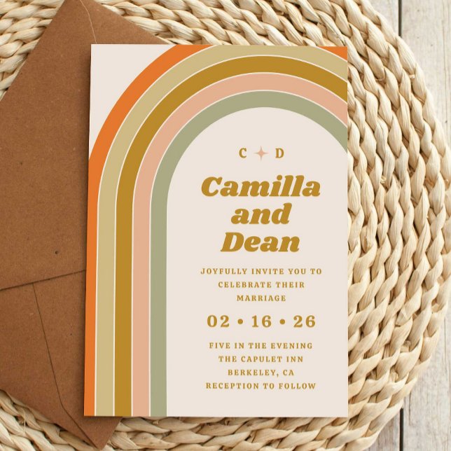 Convites Casamento em arco com retrato de 70 anos (70s retro rainbow groovy wedding invitation template)
