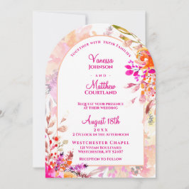 Convites Casamento em Arco Floral Elegante Laranja Rosa