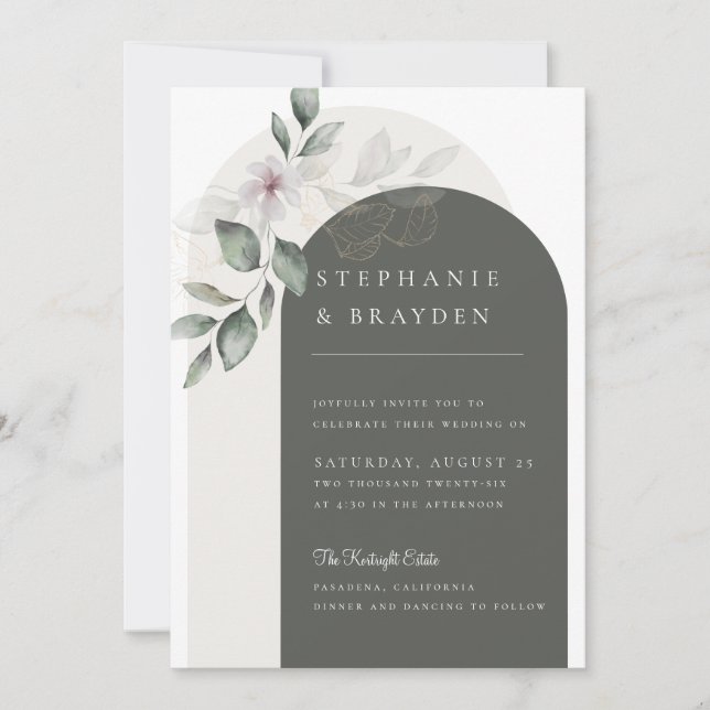 Convites Casamento em Arco Floral Verde com Letra Elegante (Frente)
