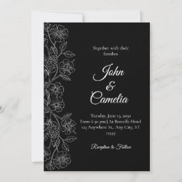 Convites Casamento em Arte Linear Floral Preto e Branco