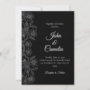 Convites Casamento em Arte Linear Floral Preto e Branco 