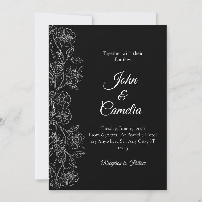 Convites Casamento em Arte Linear Floral Preto e Branco  (Frente)