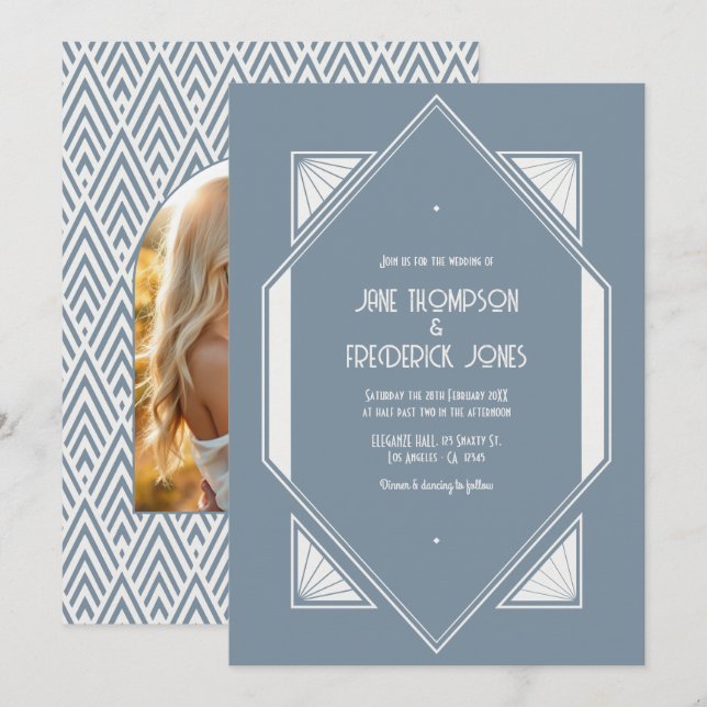 Convites Casamento em Azul Ardósia e Branco Pérola com Foto (Frente/Verso)