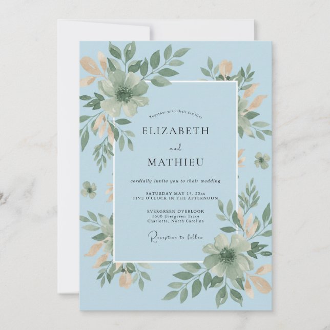 Convites Casamento em Azul Celeste com Folhagem de Eucalipt (Frente)