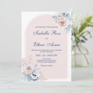Convites Casamento em Azul Empoeirado e Rosa Bege