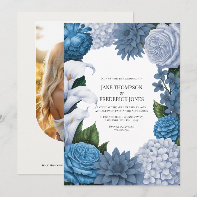 Convites Casamento em Azul Francês, Storm Slate e Petal Fog (Frente/Verso)
