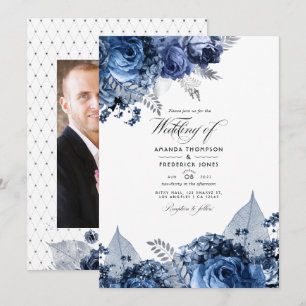 Convites Casamento em Azul Marinho e Branco com Folha de Pr