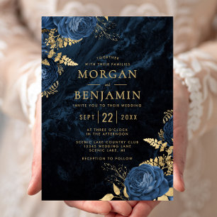 Convites Casamento em Azul Naval Elegante com Floral Dourad