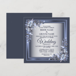 Convites Casamento em Azul Naval Floral Elegante em Moldura