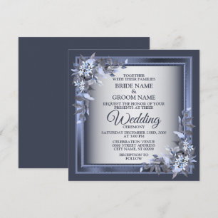 Convites Casamento em Azul Naval Floral Elegante em Moldura
