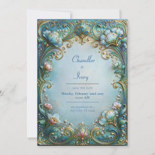 Convites Casamento em Azul Pó com Filigrana Dourada