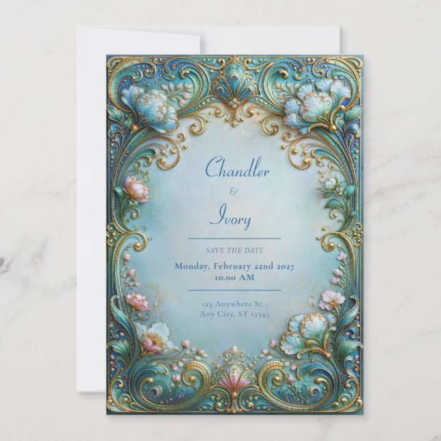 Convites Casamento em Azul Pó com Filigrana Dourada (Frente)