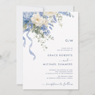 Convites Casamento em azul poeirento com aquarela floral