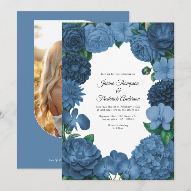 Convites Casamento em Azul Poeirento com Foto e Código QR (Frente/Verso)