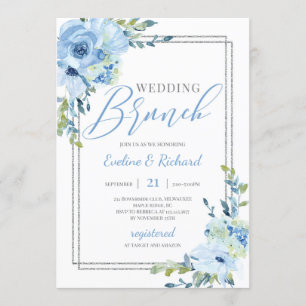 Convites Casamento em azul poeirento floral moldura pratead