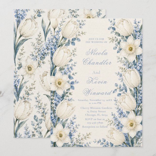 Convites Casamento em Azul Poento e Branco (Frente/Verso)