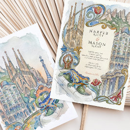 Convites Casamento em Barcelona com Aquarela de Pontos Turí