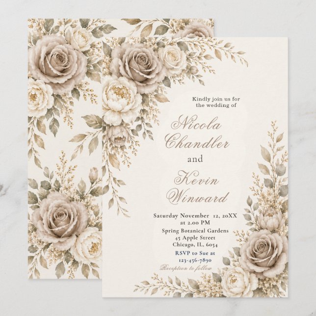 Convites Casamento em Bege e Marfim (Frente/Verso)