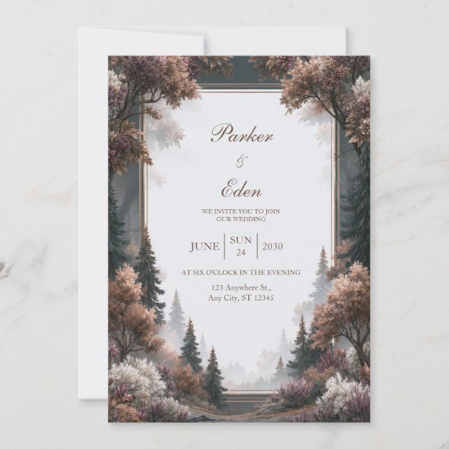 Convites Casamento em Bosque de Pinheiros Nebulosos (Frente)