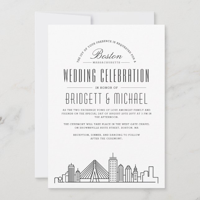 Convites Casamento em Boston | Moderno Céu Urbano Deco (Frente)