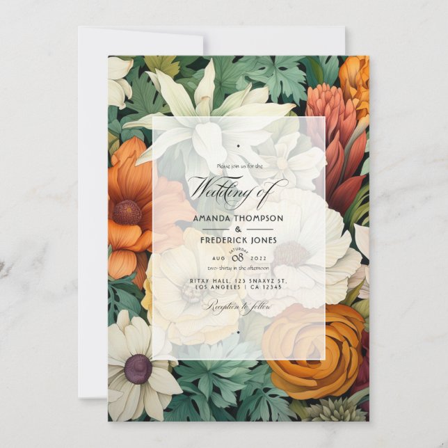 Convites Casamento em Branco-Desbotado, Verde Caçador, Marr (Frente)