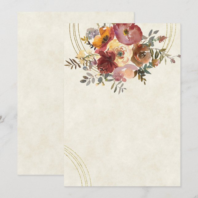 Convites Casamento em branco floral e dourado de outono (Frente/Verso)