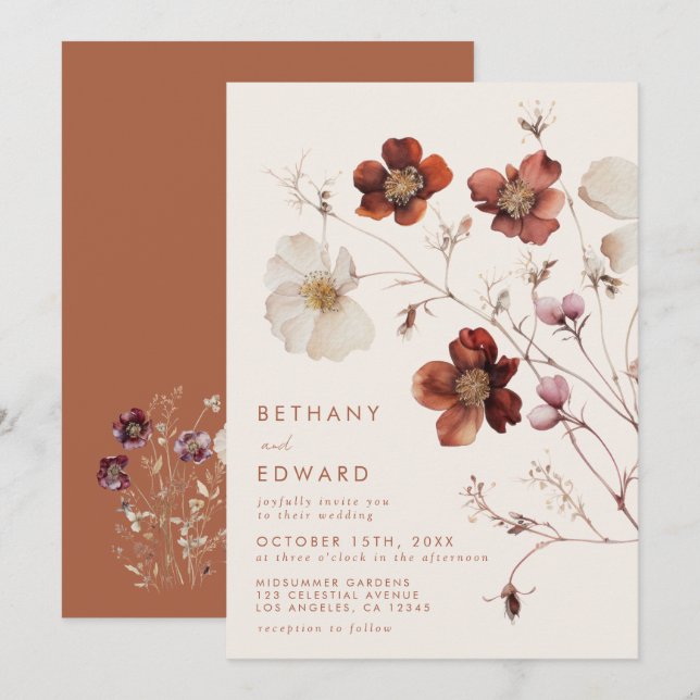 Convites Casamento em Campo de Flores Silvestres de Outono (Frente/Verso)